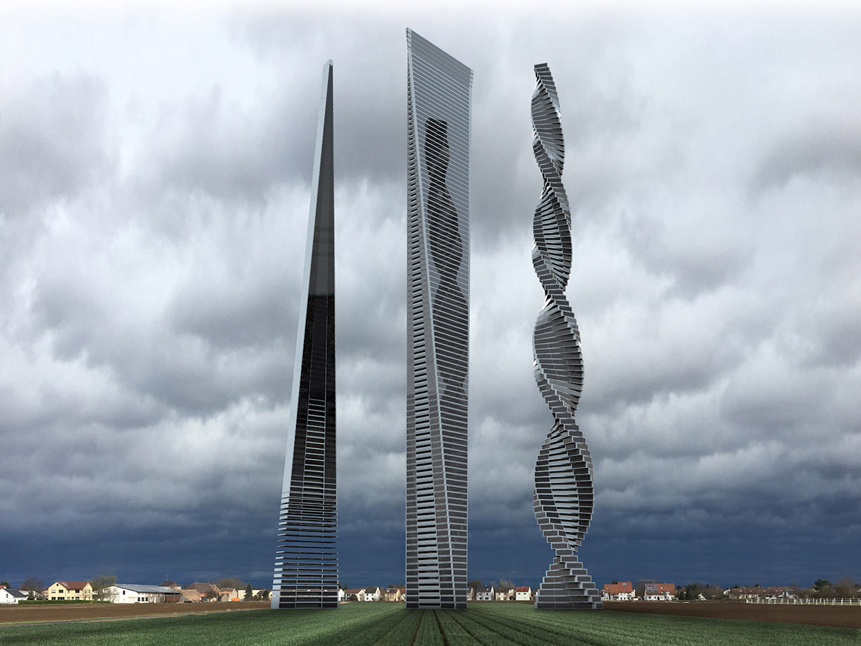Drei Wolkenkratzer vor Gewitterhimmel auf freiem Feld stehend – Foto mit 3D-Grafik